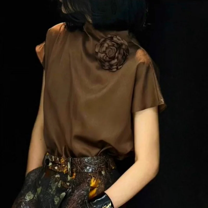 

Women Short Sleeve Blouses New Elegant Brown Handmade Floral Appliques Blouse Shirt Woman Party Wear Tunic Blousa Tops NZ135