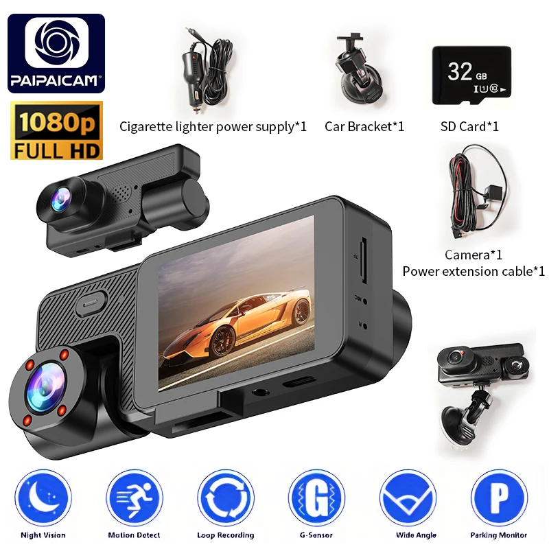 Car Dvr 1080P Dashcam Car Front and Rear 2inch IPS 3-Channel Recording Video Recorder 3Cameras Night Vision Recorder Black Box