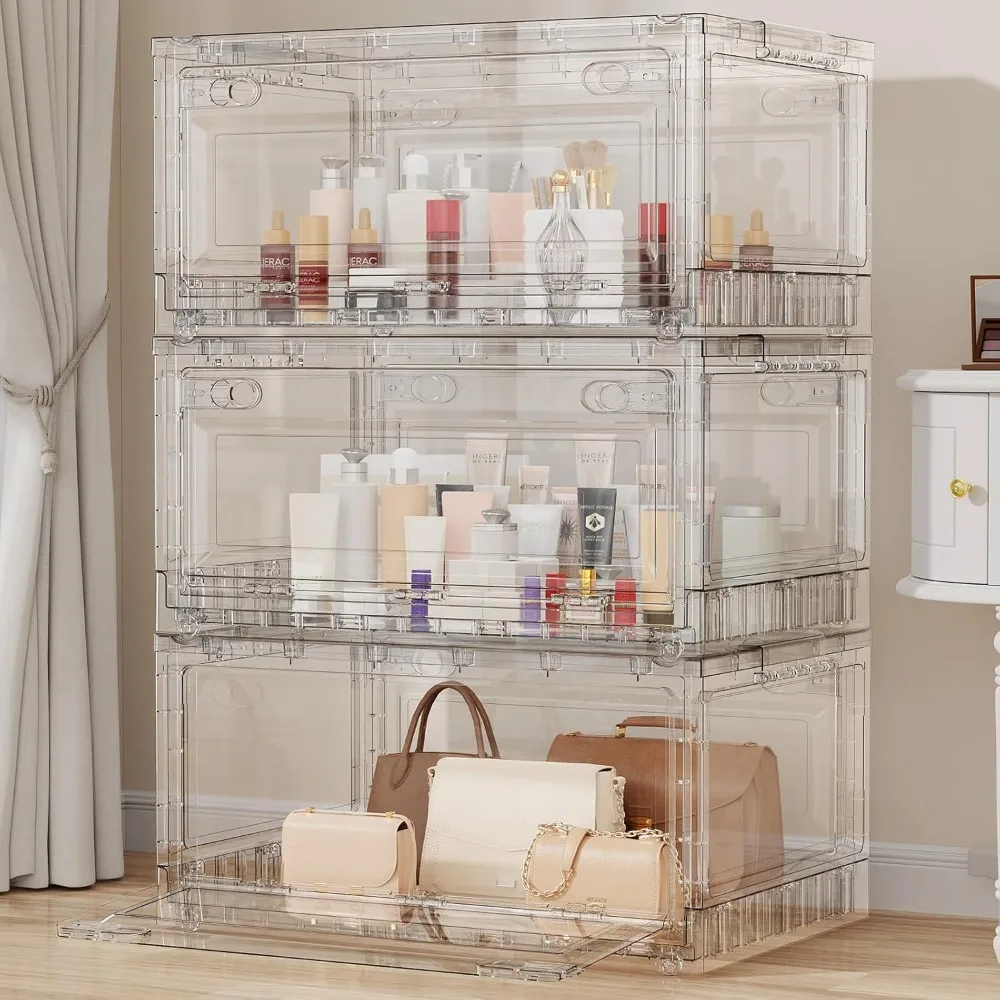 

Stackable Storage Bins with Lids Wheels, XL Clear Plastic Drawers Foldable Closet Organizers and Storage Cabinet