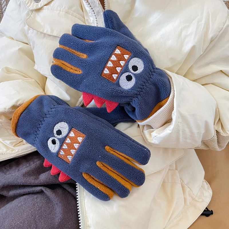 Kids Boy Gloves Winter 5-12 Years Coral Fleece Cartoon Shark Gloves Outdoor Keep Warm Thicken Cycling Children Girl Gloves