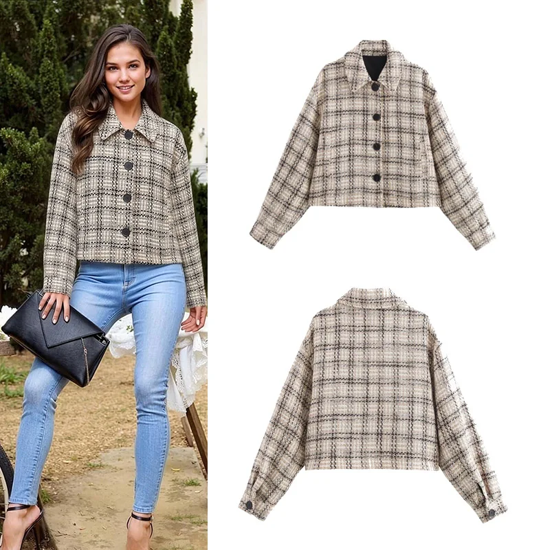 Women's Autumn Plaid Shirt Long Sleeve Turn-down Collar Casual Blouse with Pockets Single-Breasted Versatile Short Blouse