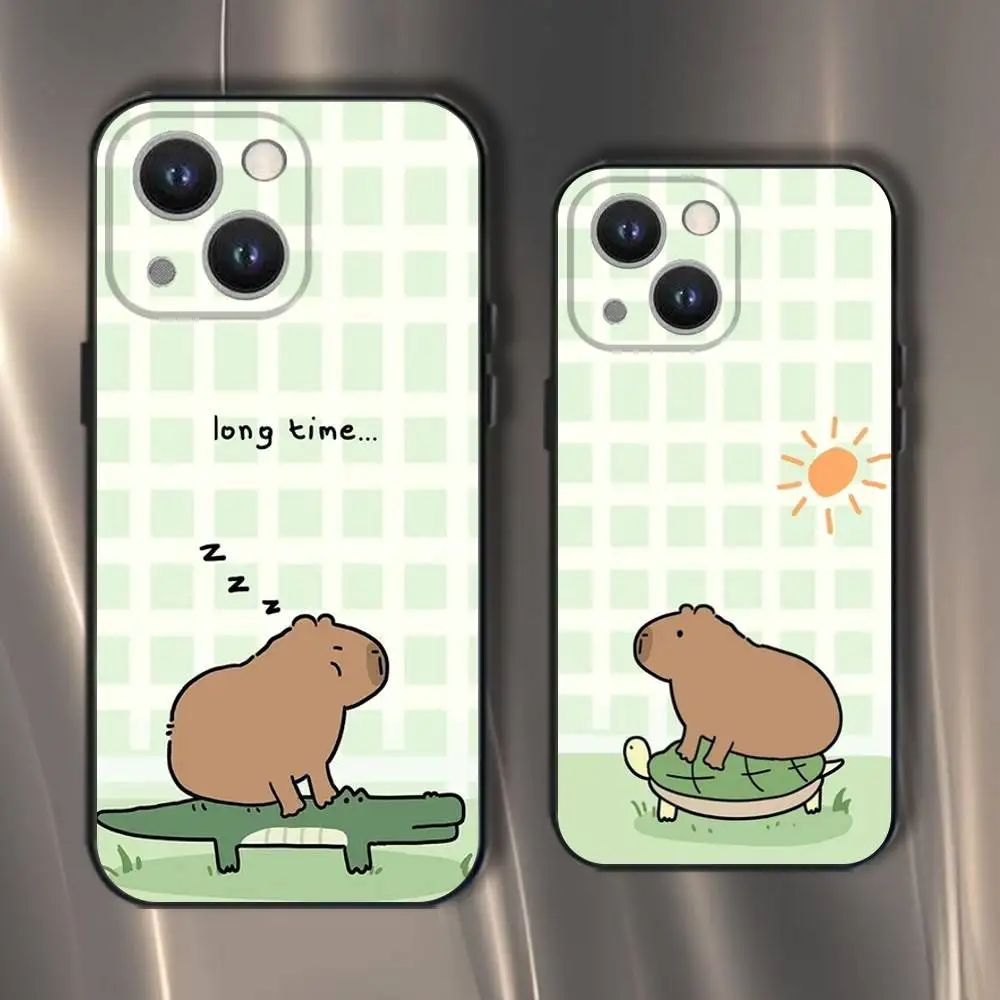 

Cartoon Capybara Phone Case For iPhone 16,15,14,13,12,11,Pro,XS,Max,XR,Plus,E,SE4,Mini Black Soft Cover