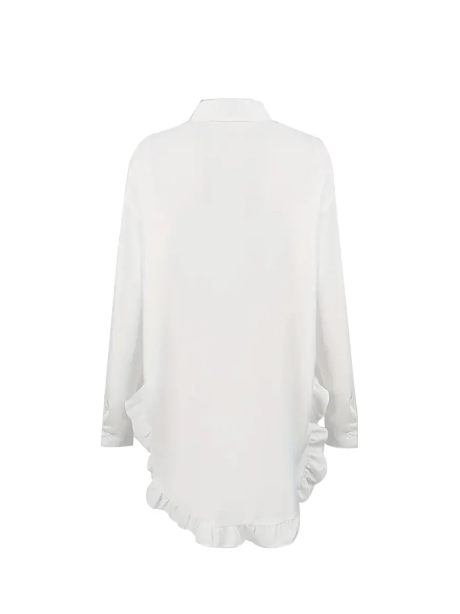 Herbst Weiß Frauen Mini Shirts Kleid Täglich 2025, Frühling Sommer Falbala Revers Langarm Casual Vintage Bluse Lose Y2K Kleidung