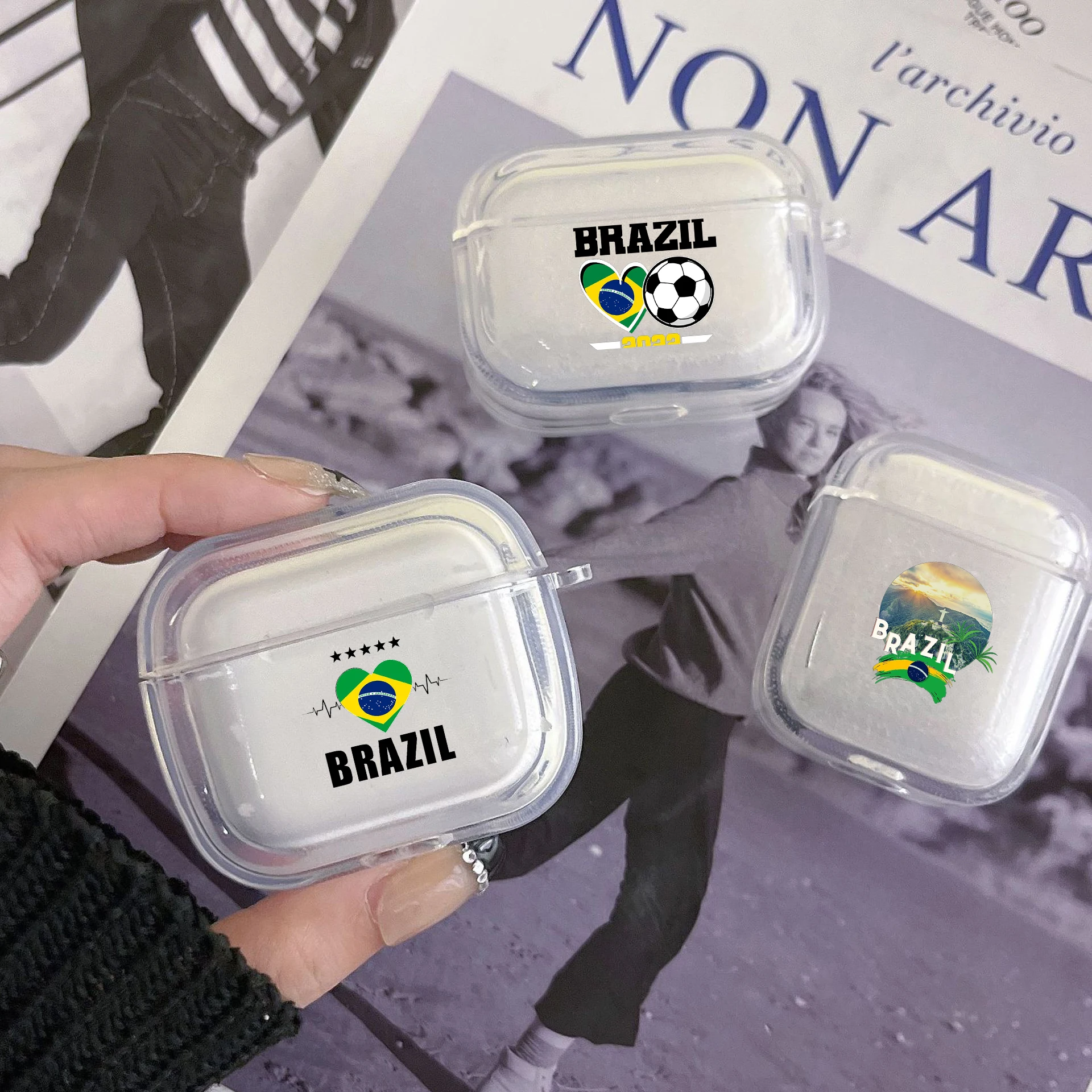 Case for Apple Airpods 2 1 Earphone Cases With Hook Brazil Brazilian flag Football For Airpod Pro 3 Pro2 Clear Protective Covers