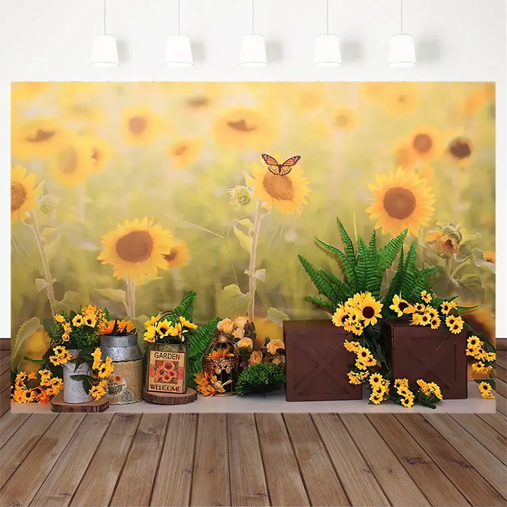 Mocsicka Summer Sunflower Girl Birthday Studio Photo Backdrop Garden Butterfly Pot Decor Background Kids Cake Smash Photobooth