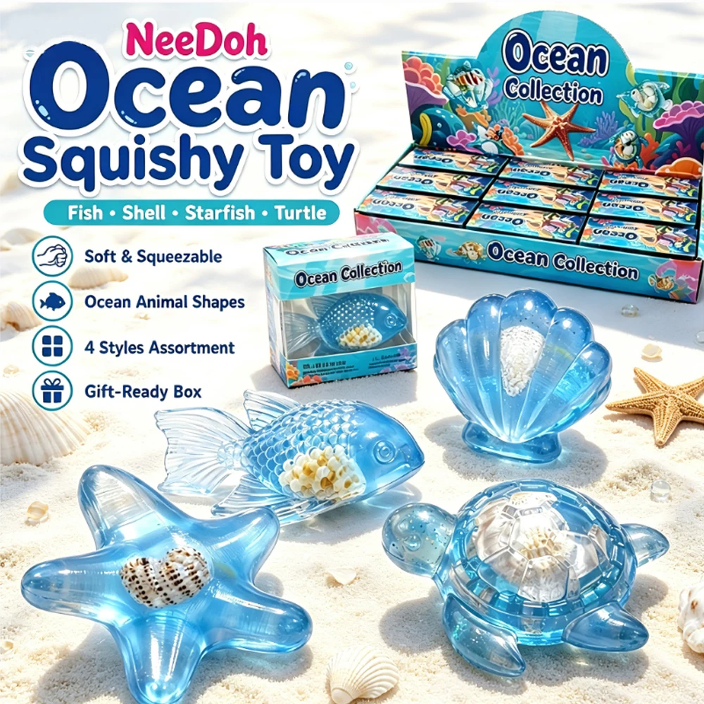 NeeDoh Ocean Squishy Fidget Toy 4 Styles Assorted Sea Animal Squeeze Toy Soft Stress Relief Toy with Shell Inside, Gift-Ready