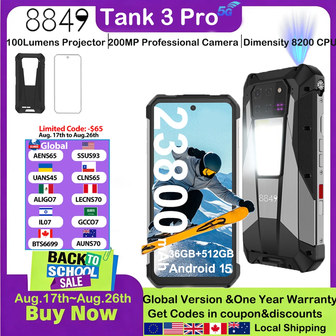 8849 Tank 3 Pro Unihertz Rugged Smartphone 5G with 100 Lumens Projector 32/36GB 512GB 23800mAh Android 14 Cell Phones Dual Sim