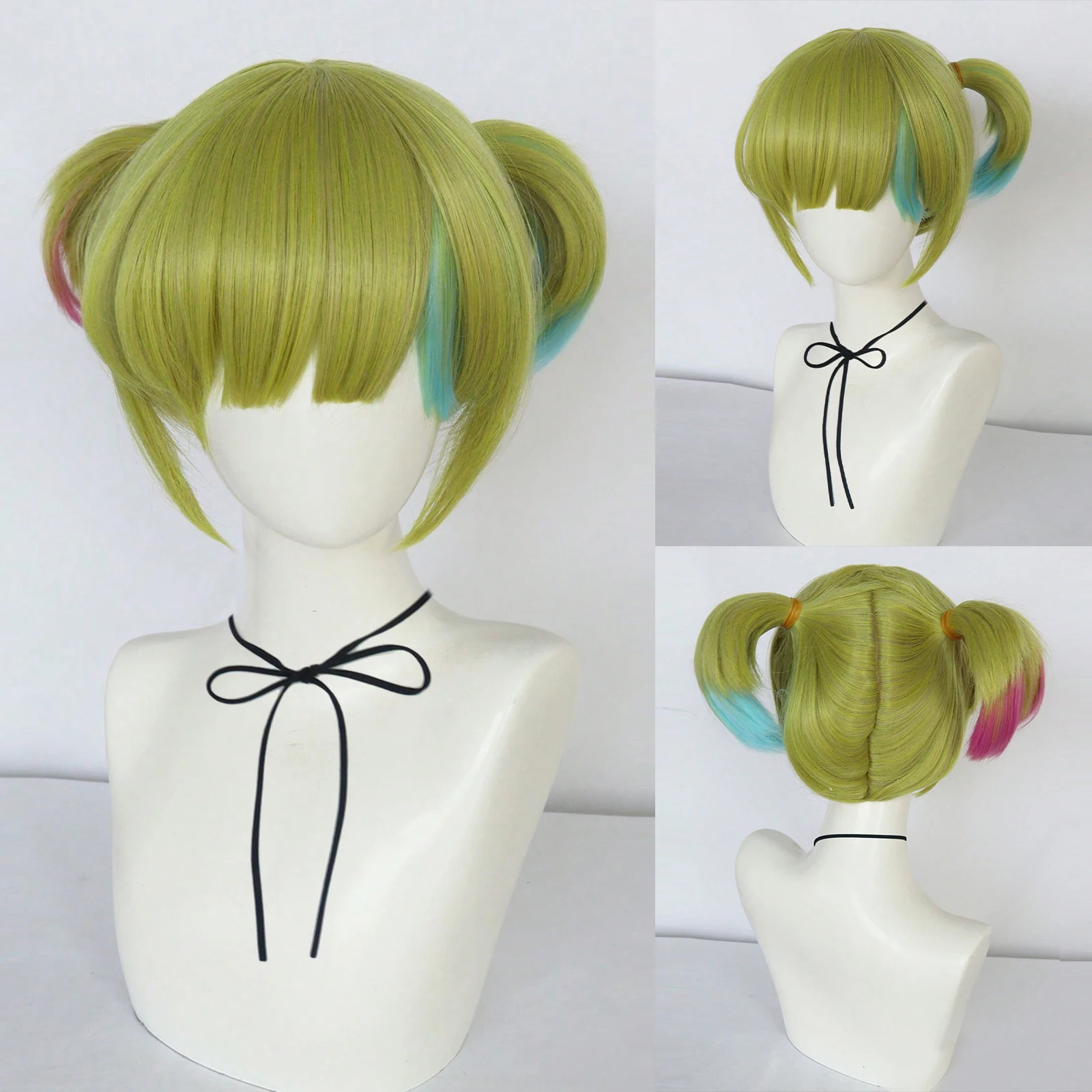 

Women's Green Double Ponytail Wig with Colorful Pink & Blue Cosplay Synthetic Wig for Halloween Anime Green Cosplay Wig