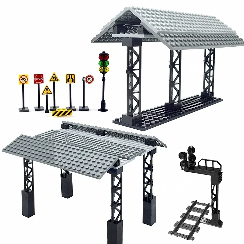 City Classic Brick Car Building Blocks Train Station Bus Stop mini signs signal lamp Road traffic light Stations Model for Train