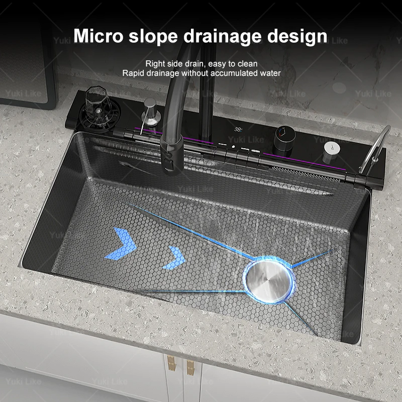 حوض مطبخ شلالي من الفولاذ المقاوم للصدأ ، فتحة واحدة كبيرة متعددة الوظائف ، حوض غسيل بشاشة رقمية مدمجة ، جديد