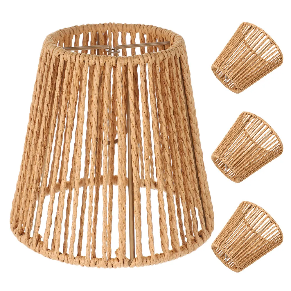 

4Pcs Rustic Hand Woven Rattan Lamp Shade Simulation Bohemian Pendant Ceiling Lampshade Paper Rope Cover for Bedroom Living Room