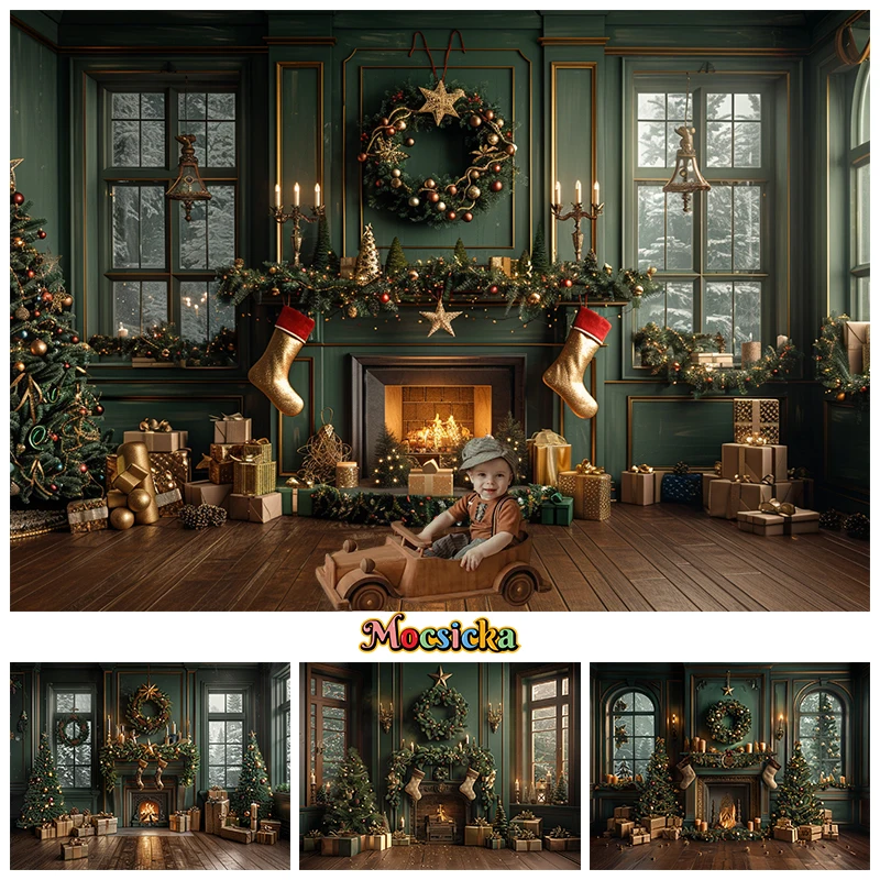 

Christmas Room Decoration Photography Background Fireplace Sock Tree Baby Shower Backdrop For Children Shooting Photozone Studio