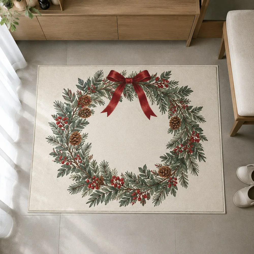 VIKAMA Living Room Rug Cream White Cedar Wreath Center Thickened Foldable Balcony Front Door Window Seat Coffee Table Room Decor