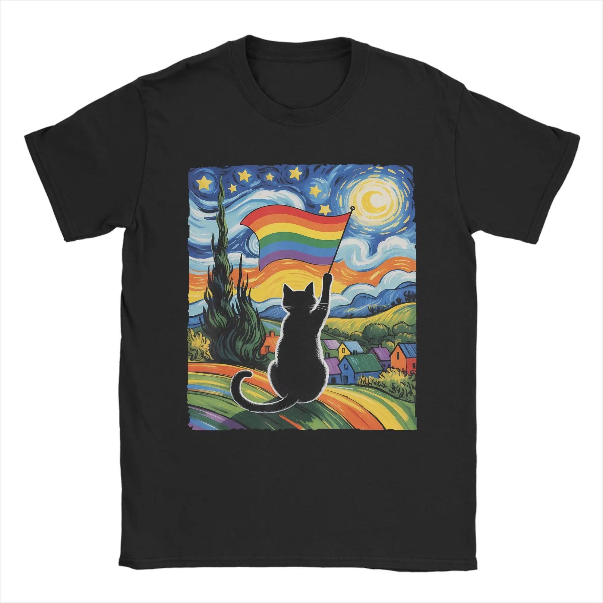 Gay Pride Cat Art Cat Starry Night Style LGBTQ Pride Support T Shirts for Men T-Shirt Crew Neck  Tee Shirt Short Sleeve Tops