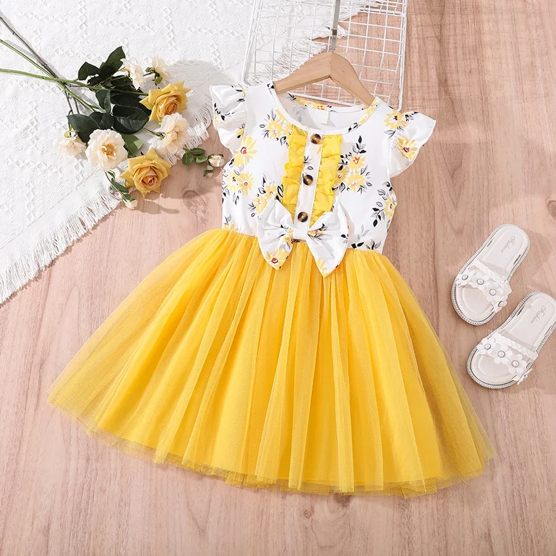 Baby Girl Sweet Princess Mesh Dress Summer Short Sleeve Kids Bowknot Dresses