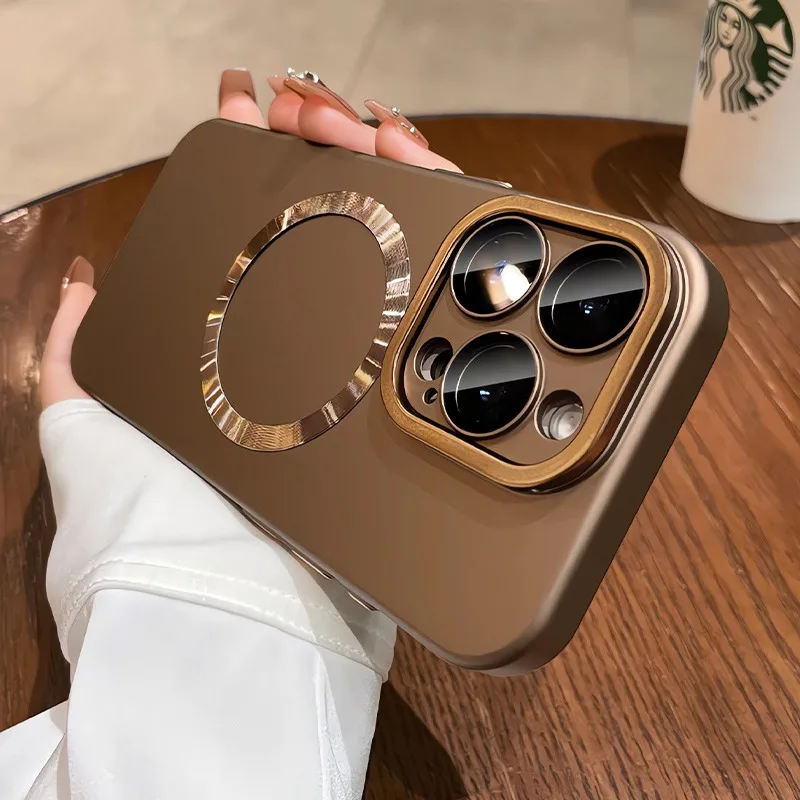 Business Slim Matte Magsafe Case for iPhone 16 14 15 Pro Max 16 Plus Fold Lens Stand Holder Wireless Charging Shockproof Cover