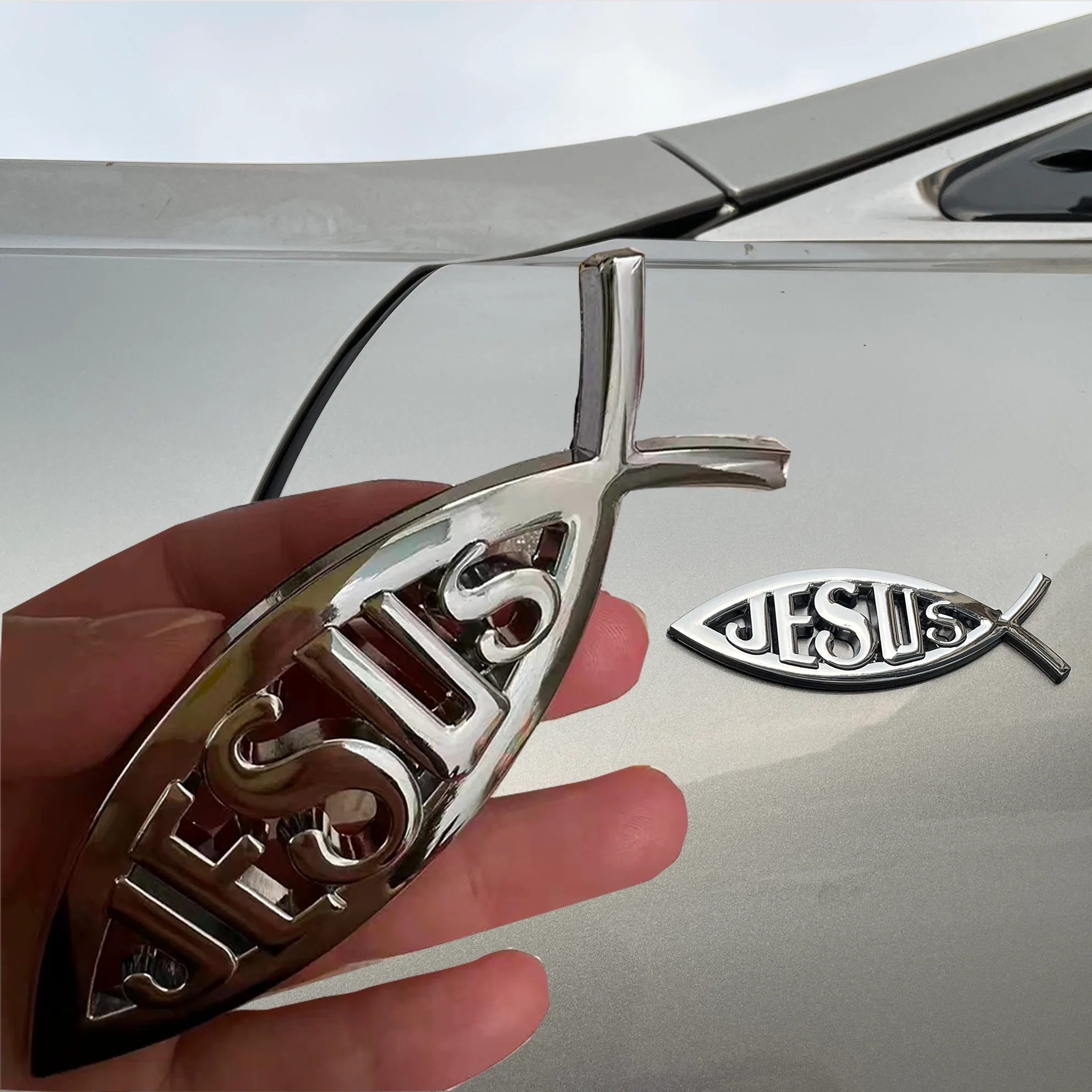 2PC Jesus Fish 3D Car Metal Sticker, Fish-shaped Car Metal Decoration Sticker, Christian Metal Badge Lchthys Sticker