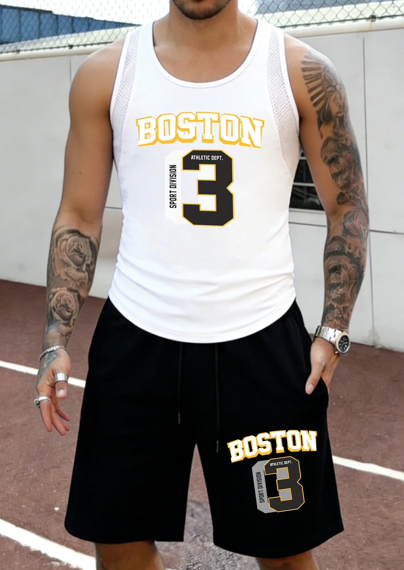 

Boston 03 Creative Letter Printed Male Summer Mesh Lightweight Short Suits Loose Simple Vest All-Match Street Outdoor Shorts