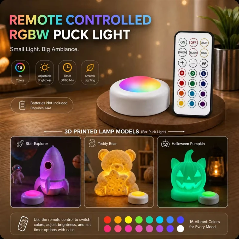 3D Printer Part LED Cabinet Light RGB Puck Lamp Remote Control Dimmable Kitchen Under Cabinet Closet Light Nightlight Multicolor