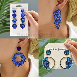 Boucles d'oreilles longues en cristal bleu pour femmes, boucles d'oreilles pendantes rondes en forme de cœur, bijoux de fête à la mode, collection de luxe, haute qualité, 2025