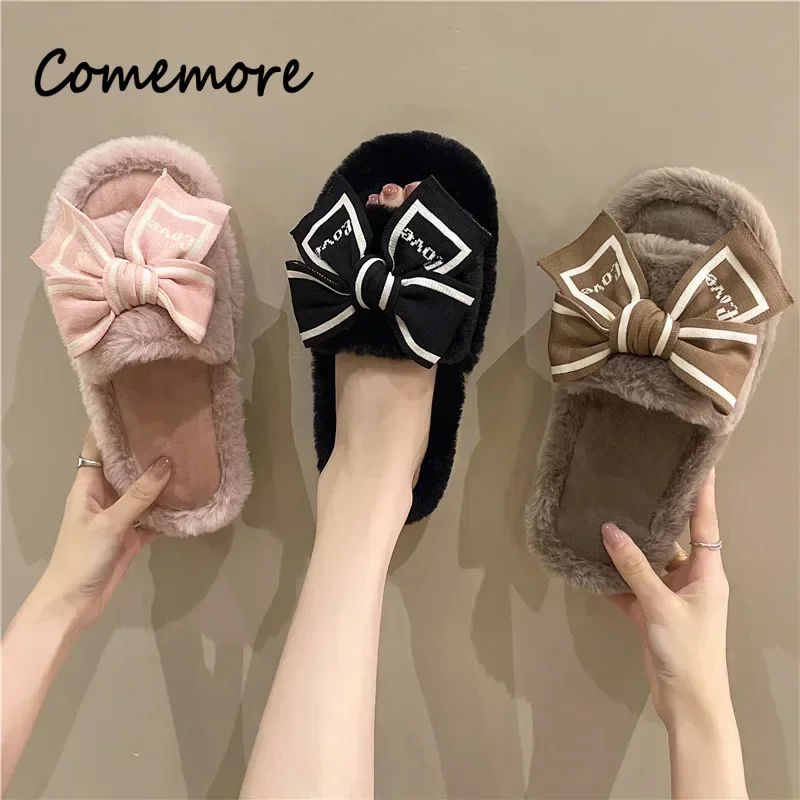 Women Bows Floor Cotton Slippers Winter Woman Warm Indoor House Plush Slippers Ladies Non-Slip Flat Heels Home Cotton Shoes