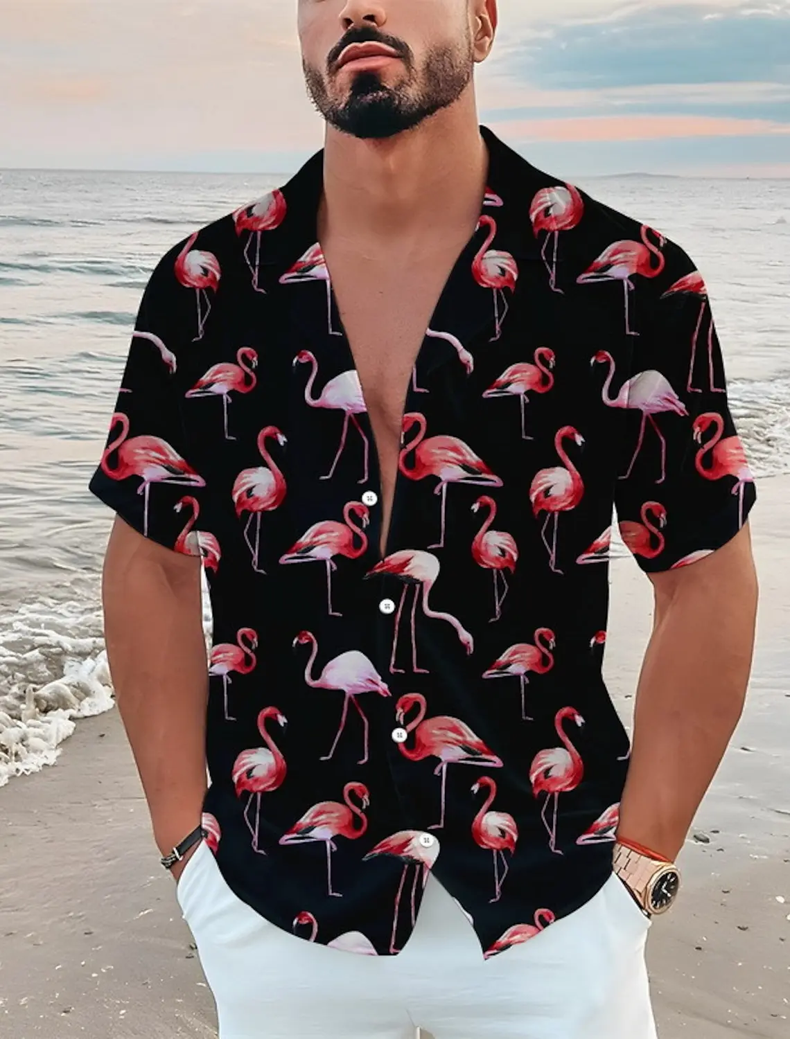 Men\'s Shirts Hawaiian Shirt Floral Flamingo Pattern Print Casual Short Sleeve Button Print Clothing Tropical Fashion Street