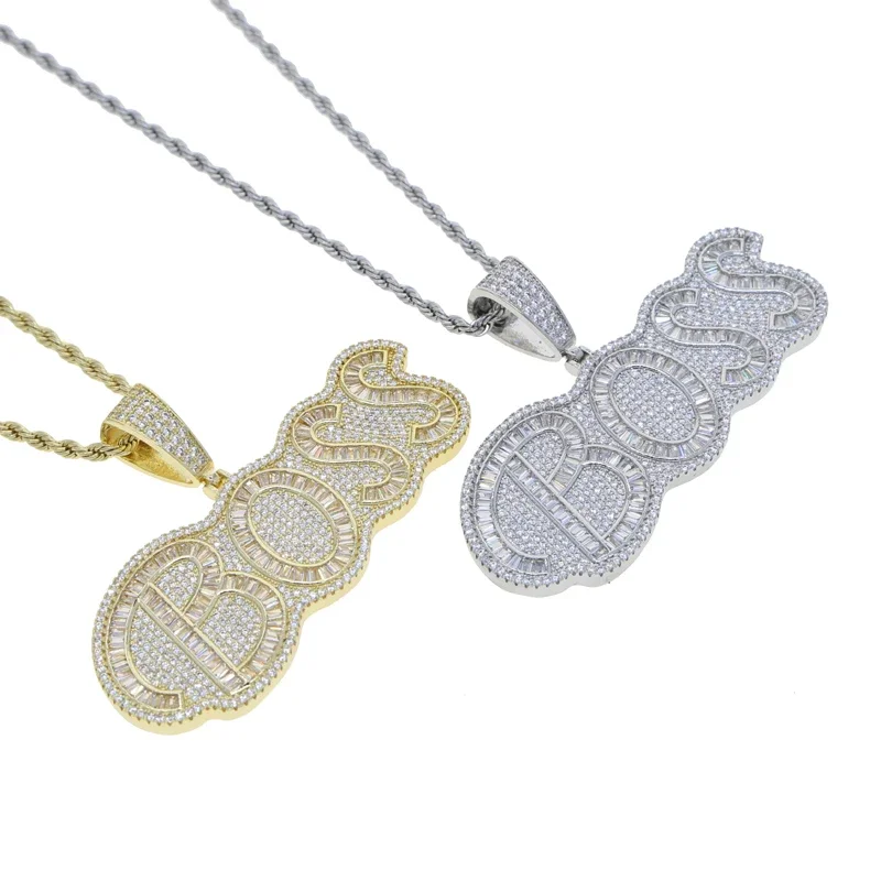الهيب هوب رسالة بوس قلادة قلادة مثلج خارج بلينغ 5A زركون تشيكوسلوفاكيا حبل سلاسل الرجال النساء المجوهرات #5