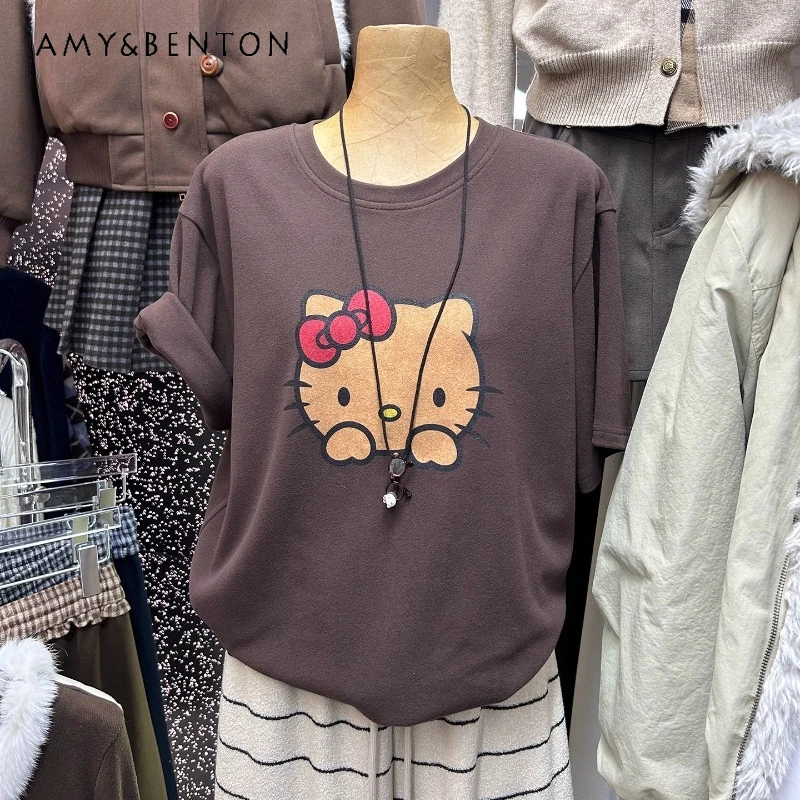 

Ins Thickened T-shirt Short Sleeves Women Simple Autumn Pullover O-Neck Mid-Length Loose Age-Reducing Versatile Bottoming Shirt