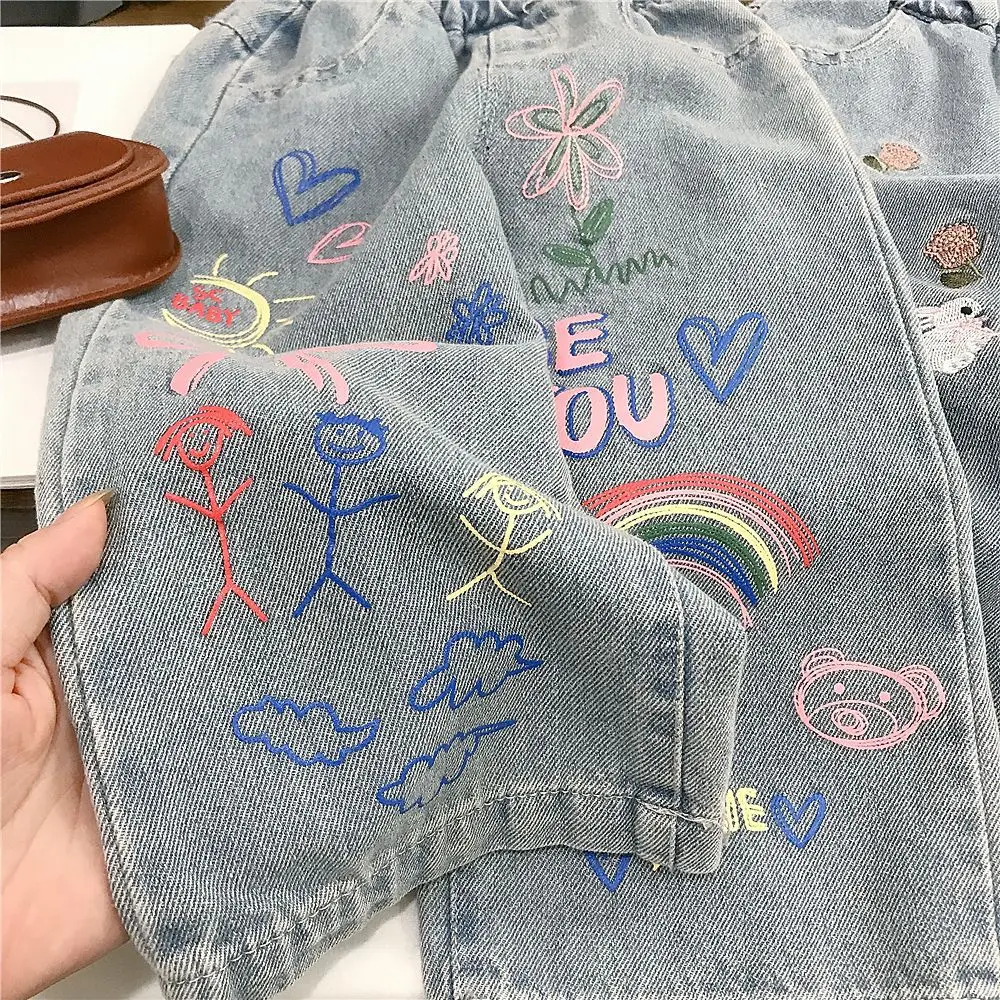 Spring Toddler Girl Denim Pant Cotton Contrast Graffiti Infant Baby Girl Jeans Loose Rabbit Rmbroidery Little Girl Straight Pant