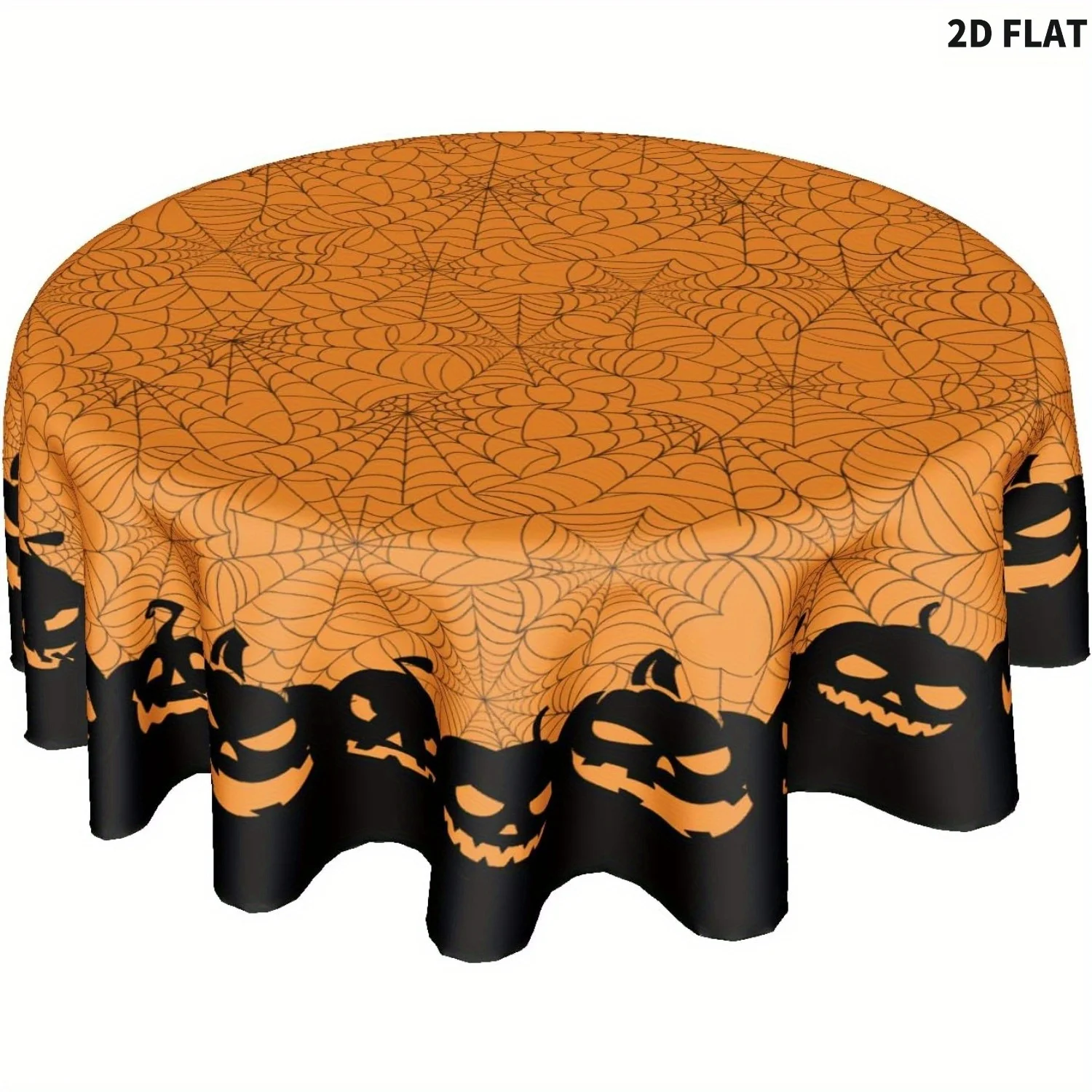 

2d Orange and Black Halloween Round Tablecloth 60 Inch, Spider web and Pumpkin Design Table Cover, Halloween Party Decor