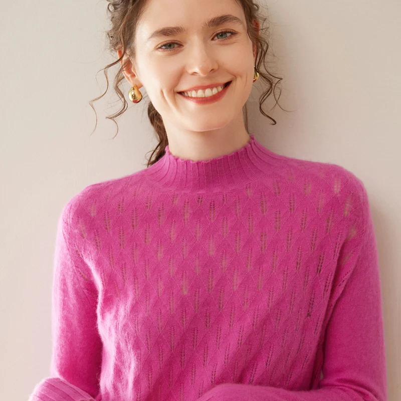 الخريف/الشتاء المرأة 100% الكشمير البلوز عادية الصلبة الجوف متماسكة سترة فضفاضة نصف عالية الرقبة الجاكار القمم الدافئة البلوز