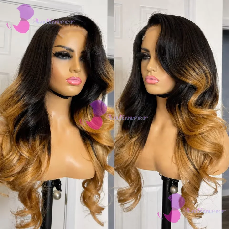 Ombre Blonde #1b/27 5x5 Silk Top Closure Wig Side Part Body Wavy Human Hair Glueless 13x4/360/Full Lace Wigs With Bleached Knots