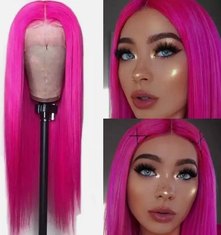 Women Hot Pink Straight Lace Front Wig Synthetic Hair Glueless Fashion Party Wig