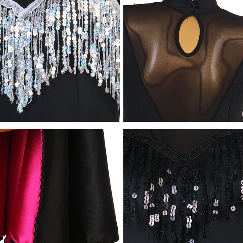 여성용 블랙 라틴 댄스 프린지 드레스 긴 소매 퍼포먼스 복장 탱고 룸바 차차 무대 착용 연습 의류 VDL4264