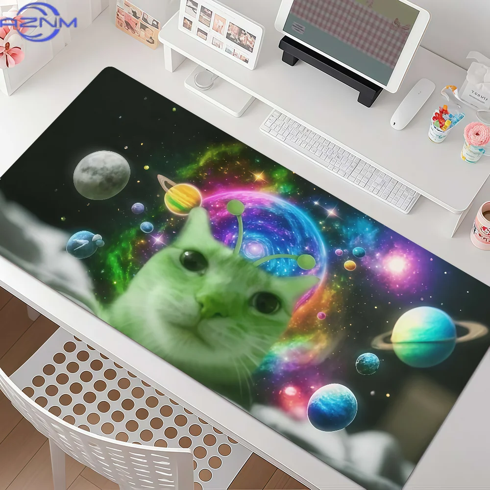 Green Alien Cats In Space Mouse Pad Anti Slip Rubber Edge Locked Thickened Laptop Gaming Desk Mat