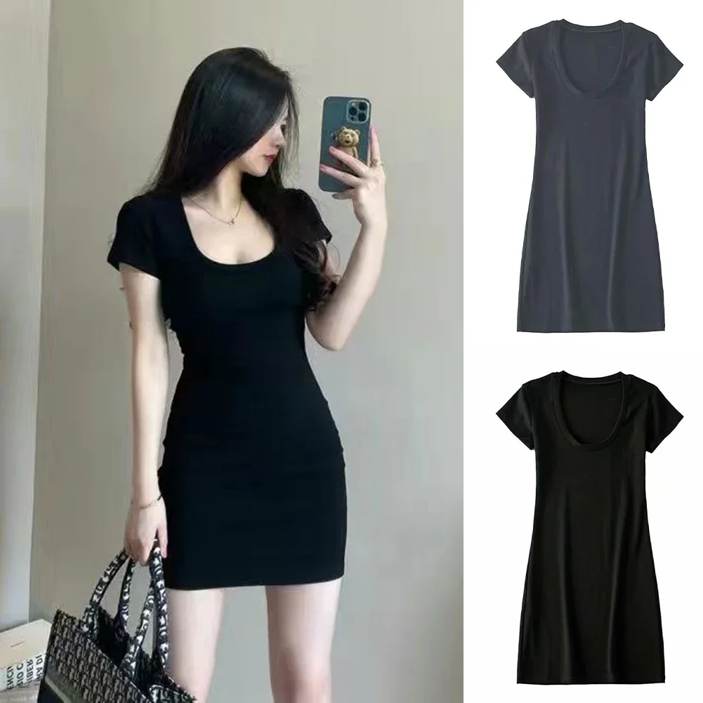 ผู้หญิงเซ็กซี่ Pure Lust สั้น Fit Chili สาวชุดลําลองสีทึบฤดูร้อนชุดวันหยุดทุกวัน U-คอชุดแขนสั้น
