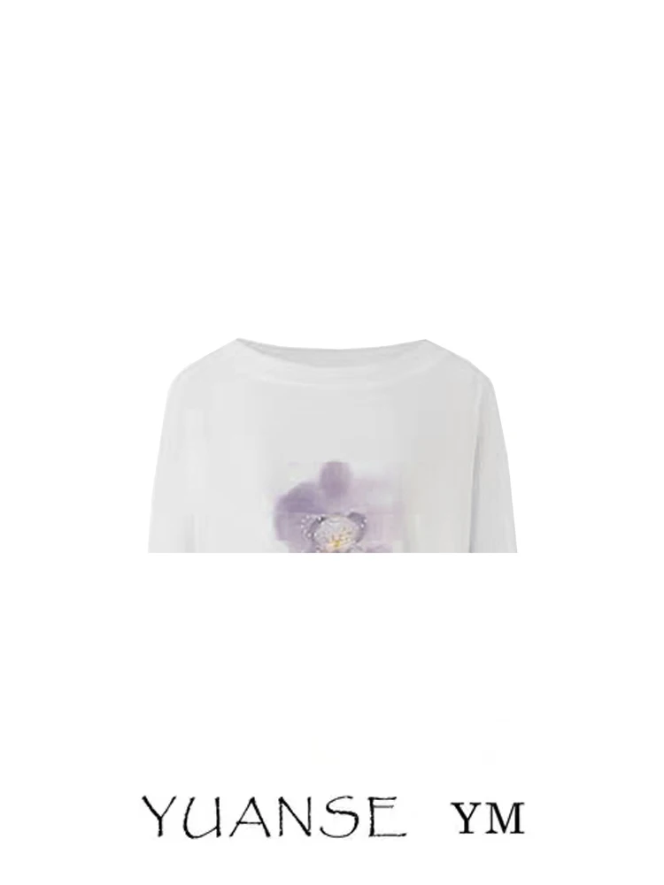 YUANSE Vacation Style Violet Floral Print Loose Long Sleeve T-Shirt Women's Summer Sweet Spicy Girl Transparent Casual Top
