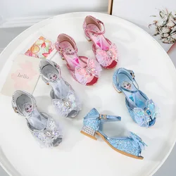 Disney Girls' Princess Sandals Shoes Frozen Elsa Children's Shoes Girls Fashion Baby Pink Blue High Heel Shoes Size 24-37