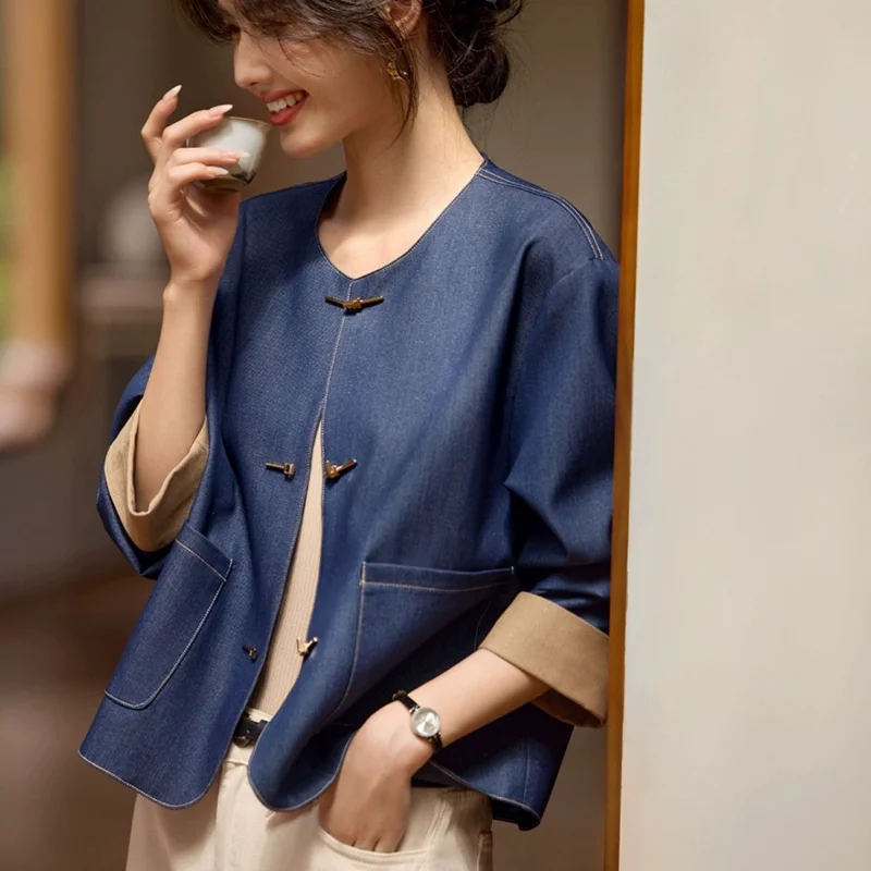Retro Chinese Style Color Block Jacket Women Round Neck Frog Button Short Coat