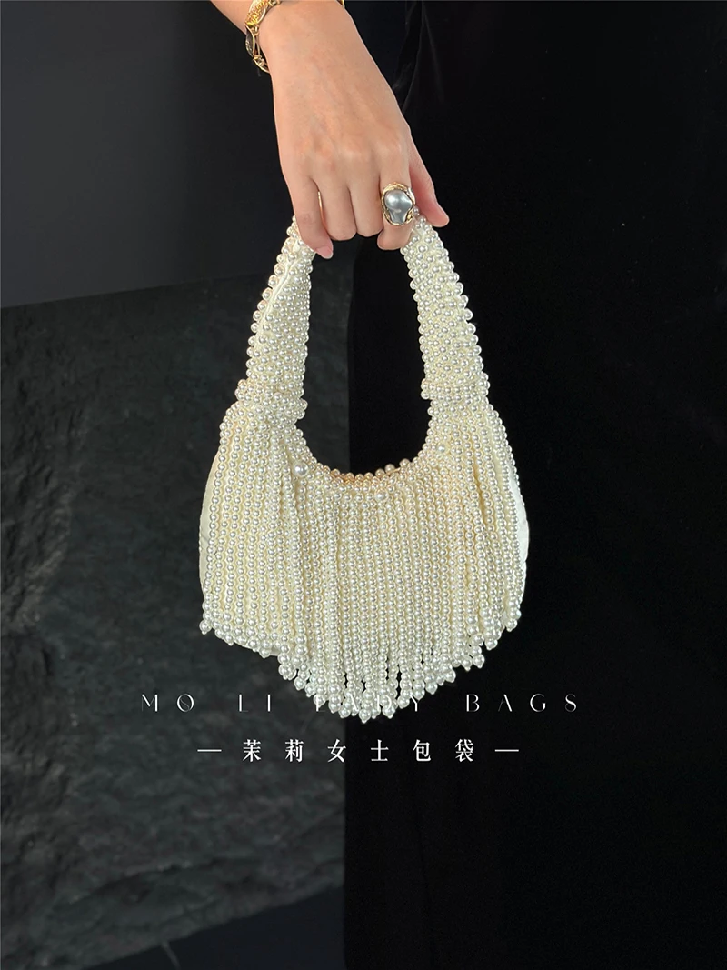 

French Heavy Handmade Tote Bags For Women Pearl Beaded Fringe Evening Party Clutch Bag Elegant Formal Wedding Bridal Handbag