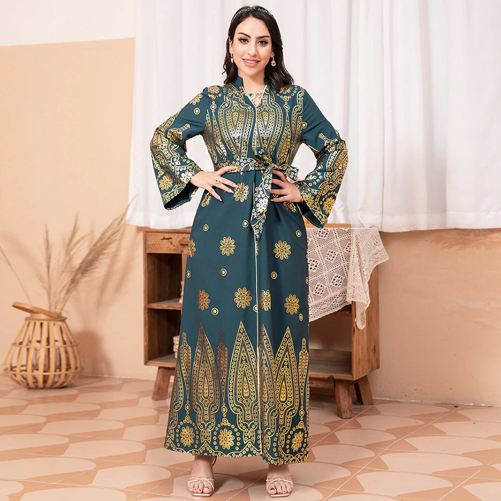 Fridayin Muslim Ramadan celebrity elegant dark green V-neck floral bronzing belt bell sleeves fashionable Arabic long dress