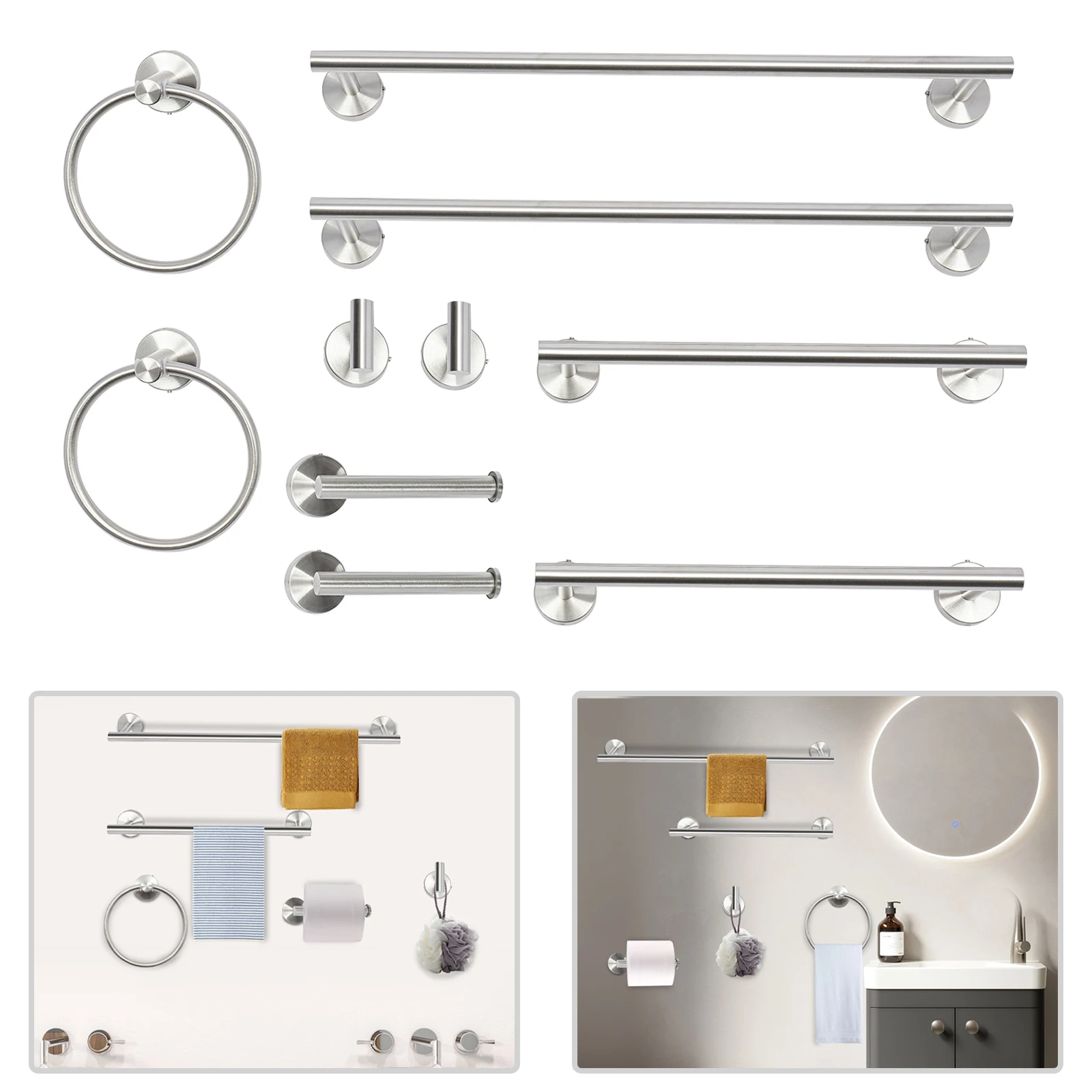 10 Piece Bathroom Hardware Set Bathroom Stainless Steel Accessory Set Towel Racks for Bathroom Silver