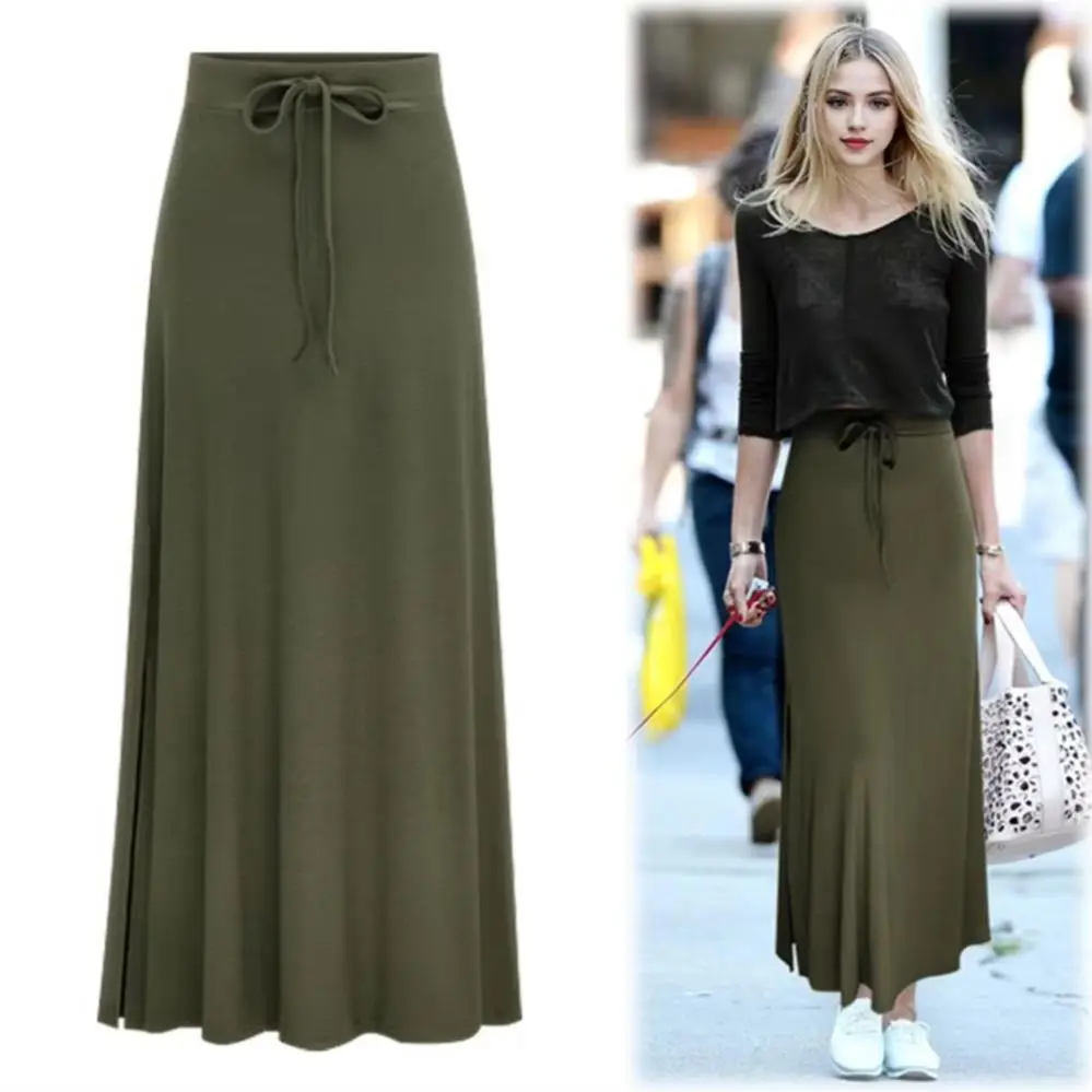 

Maxi Skirt Elastic High Waist Adjustable Drawstring Long Skirt Solid Color Side Split Design A-Line Stretchy Skirt