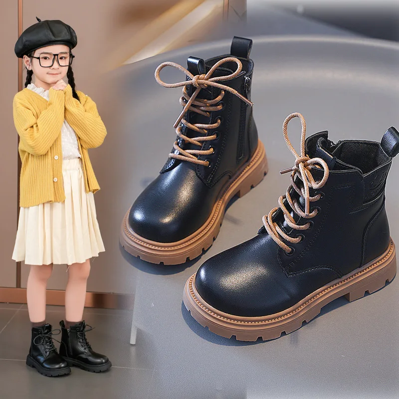 Children's Riding Boots 2024 Autumn and Winter New Primary School Girls Plus Fleece Non-slip Boys British Style Shoes