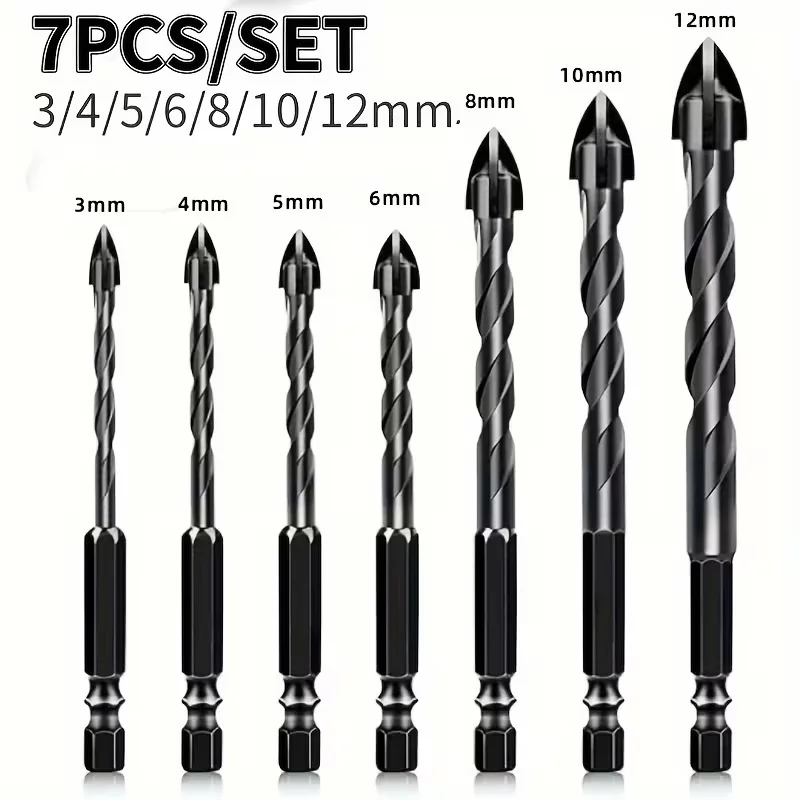 

7-piece set, 4-flute carbide drills for ceramic, cast iron and concrete - Hex shank dry drilling tools.