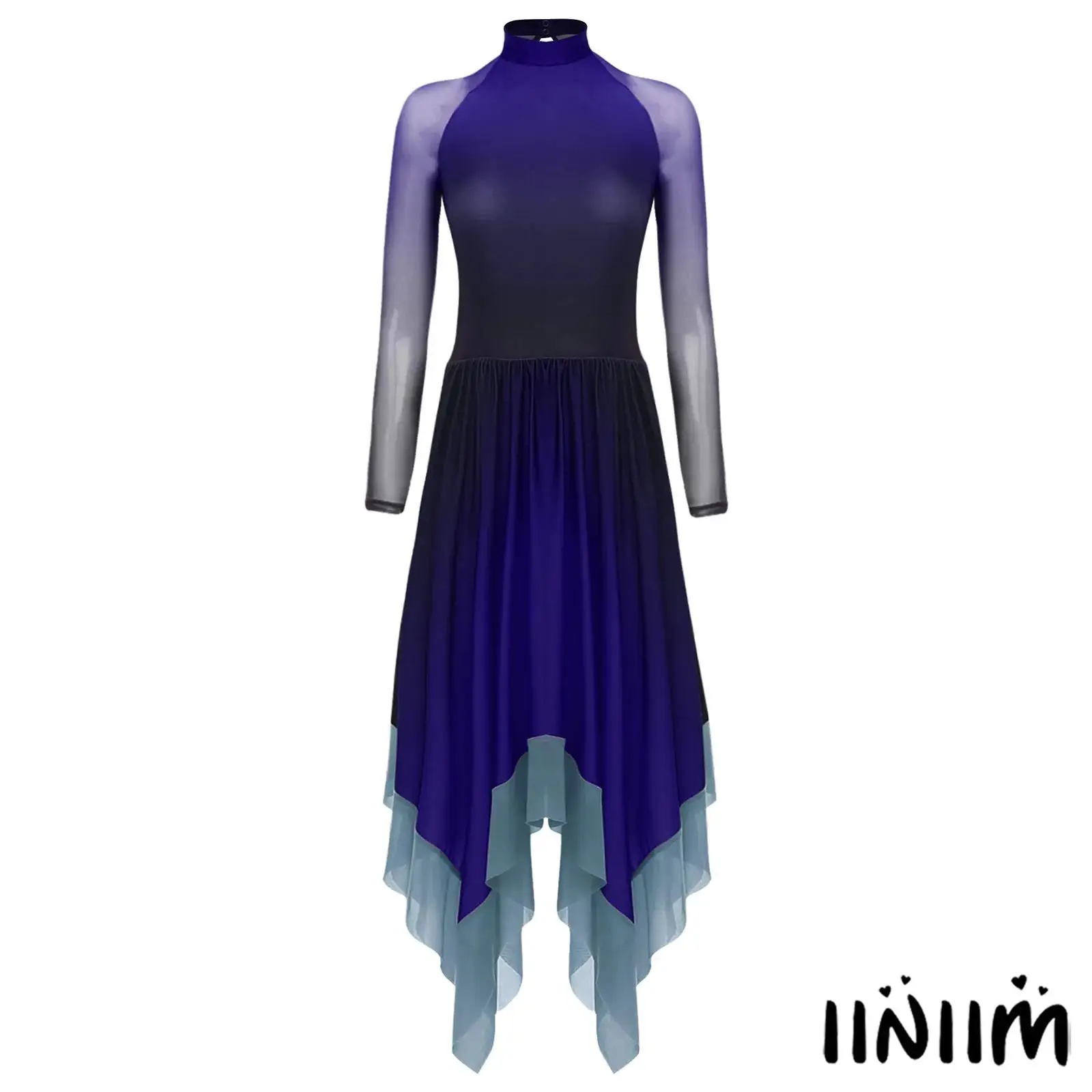 Women Lyrical Dance Gradient Dress Mesh Long Sleeve Irregular Hem Back Keyhole Leotard Dress for Figure Skating Modern Dance