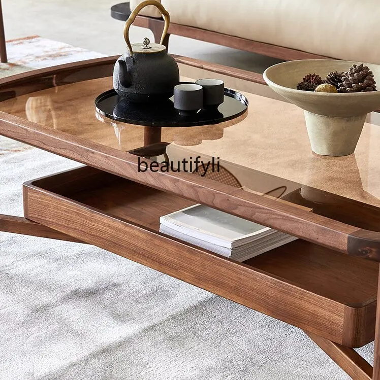 Black Walnut Glass Tea Table Simple Home Living Room Balcony Ash Wood Tea Table Tea Room Reception