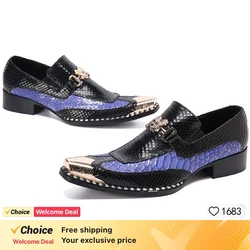 Metal Pointed Toe Genuine Leather Men's Shoes Luxury Black Snake pattern Colors Loafers Wedding Banquet Party Social Dress Shoes