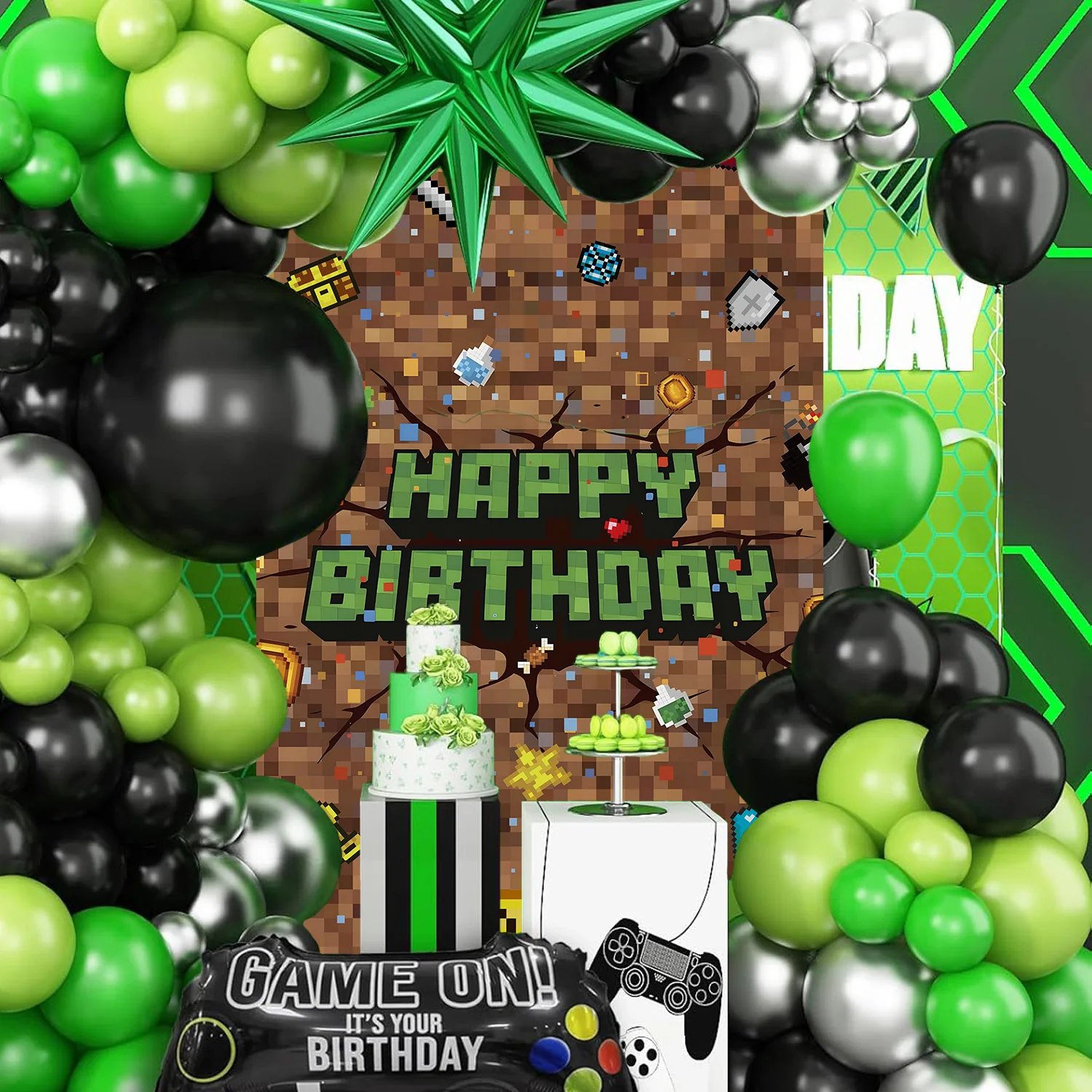 Pixel-Baustein-Spiel für Jungen, Bogen-Hintergrund, Happy-Birthday-Fotohintergrund, Wanddekorationen für Kindergeburtstagsfeiern – Detail 5