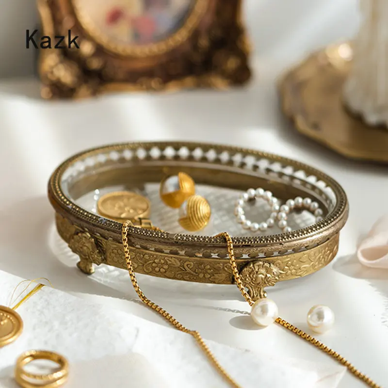 

Light Luxury Brass Carving Glass Storage Tray Jewelry Plate European Style Palace Decoration Bedroom Trays Decorative Home Decor